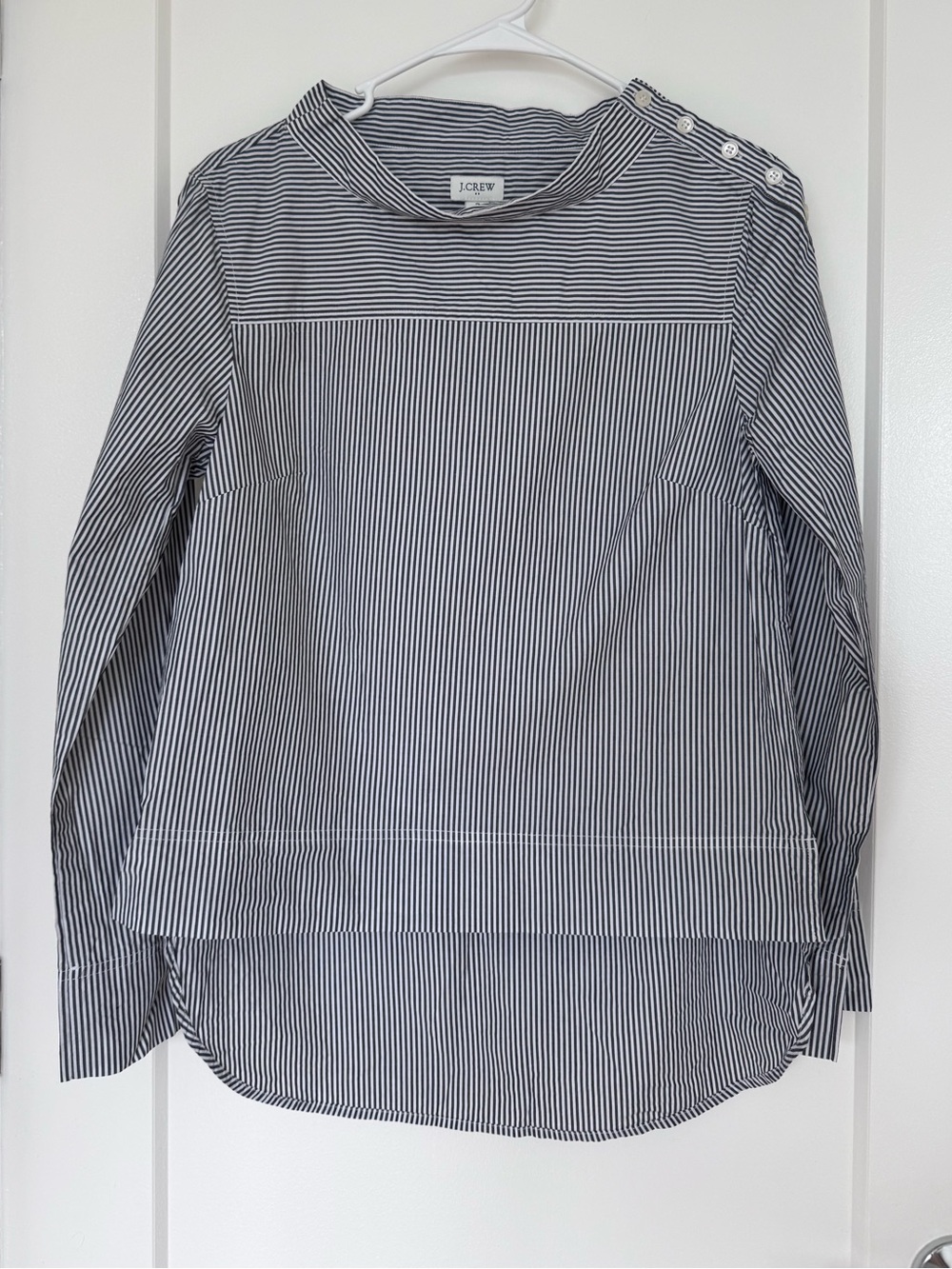 J.Crew Funnel Neck Gray and White Striped Blouse